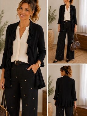 Saks Fifth Avenue Black Cashmere Open-Front Ruffle-Trim Cardigan